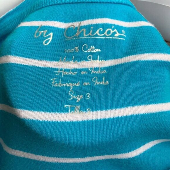 Chicos Relaxed Scoop Neck XL Short Elbow Sleeve Tee Turquoise White Striped - Picture 4 of 8